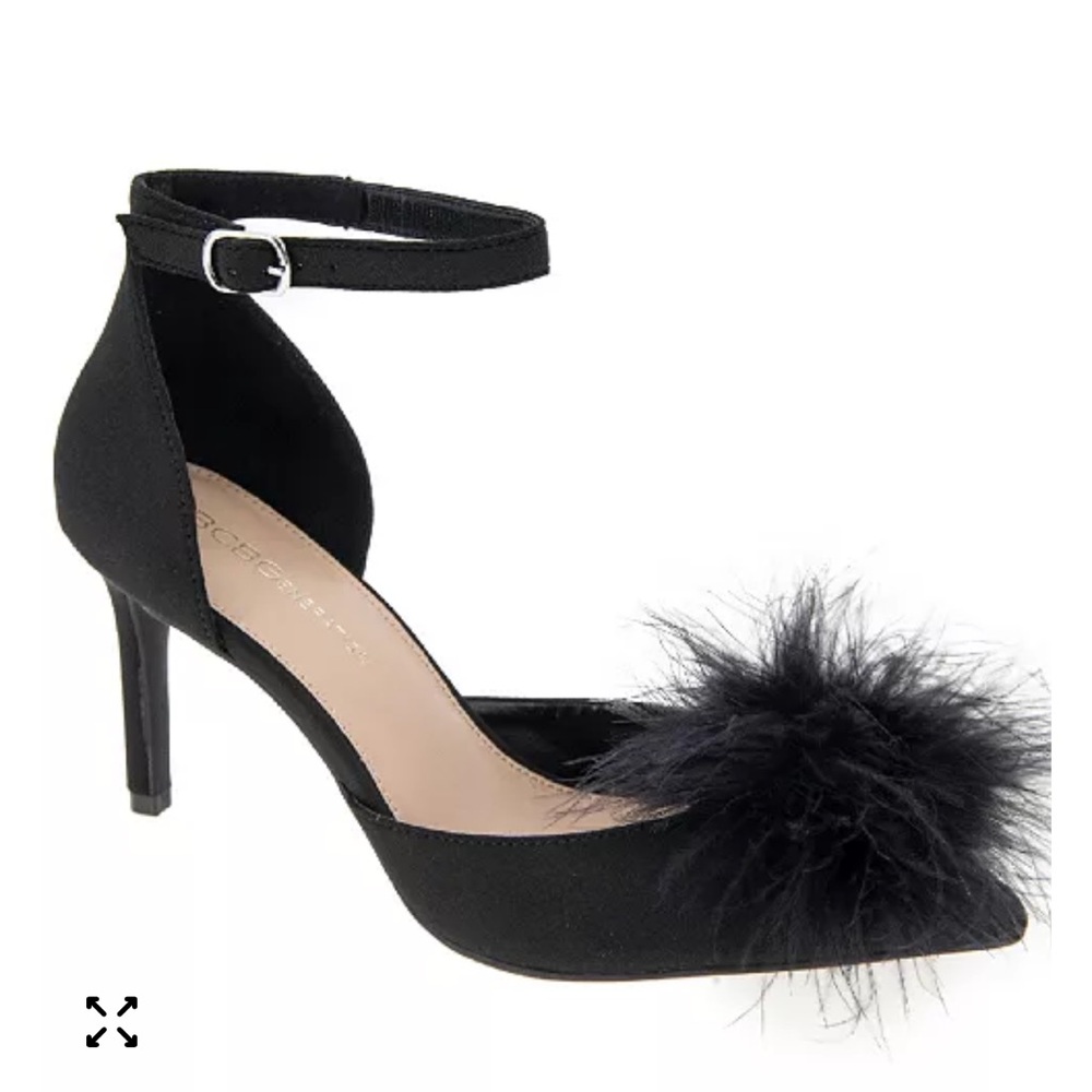 BCBG Elegant Black Ankle Strap Heels with faux Feather pumps size 9